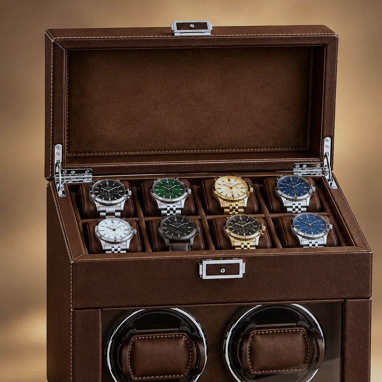Coffret Remontoir 2 Remontoirs + Rangement 8 Montres — Coloris: Marron, ouvert