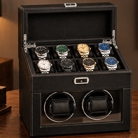 Coffret Remontoir 2 Remontoirs + Rangement 8 Montres — Coloris: Noir, en situation