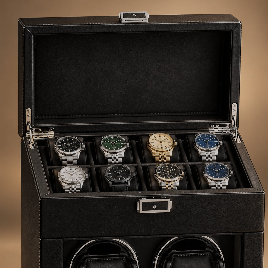 Coffret Remontoir 2 Remontoirs + Rangement 8 Montres — Coloris: Noir, ouvert