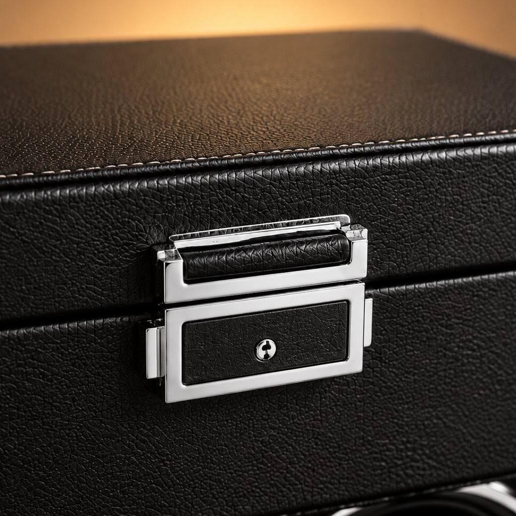Coffret Remontoir 2 Remontoirs + Rangement 8 Montres — Coloris: Noir, détail du fermoir