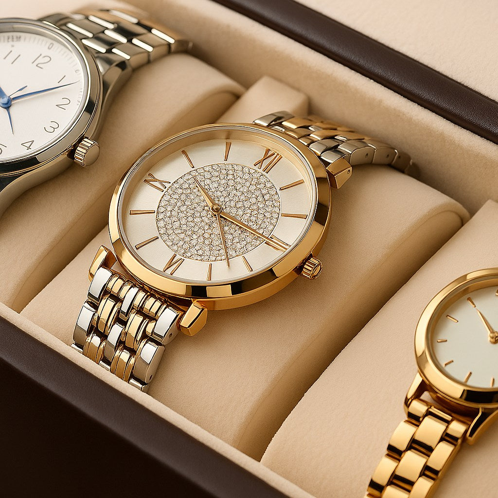 Montres posées sur des coussins crème